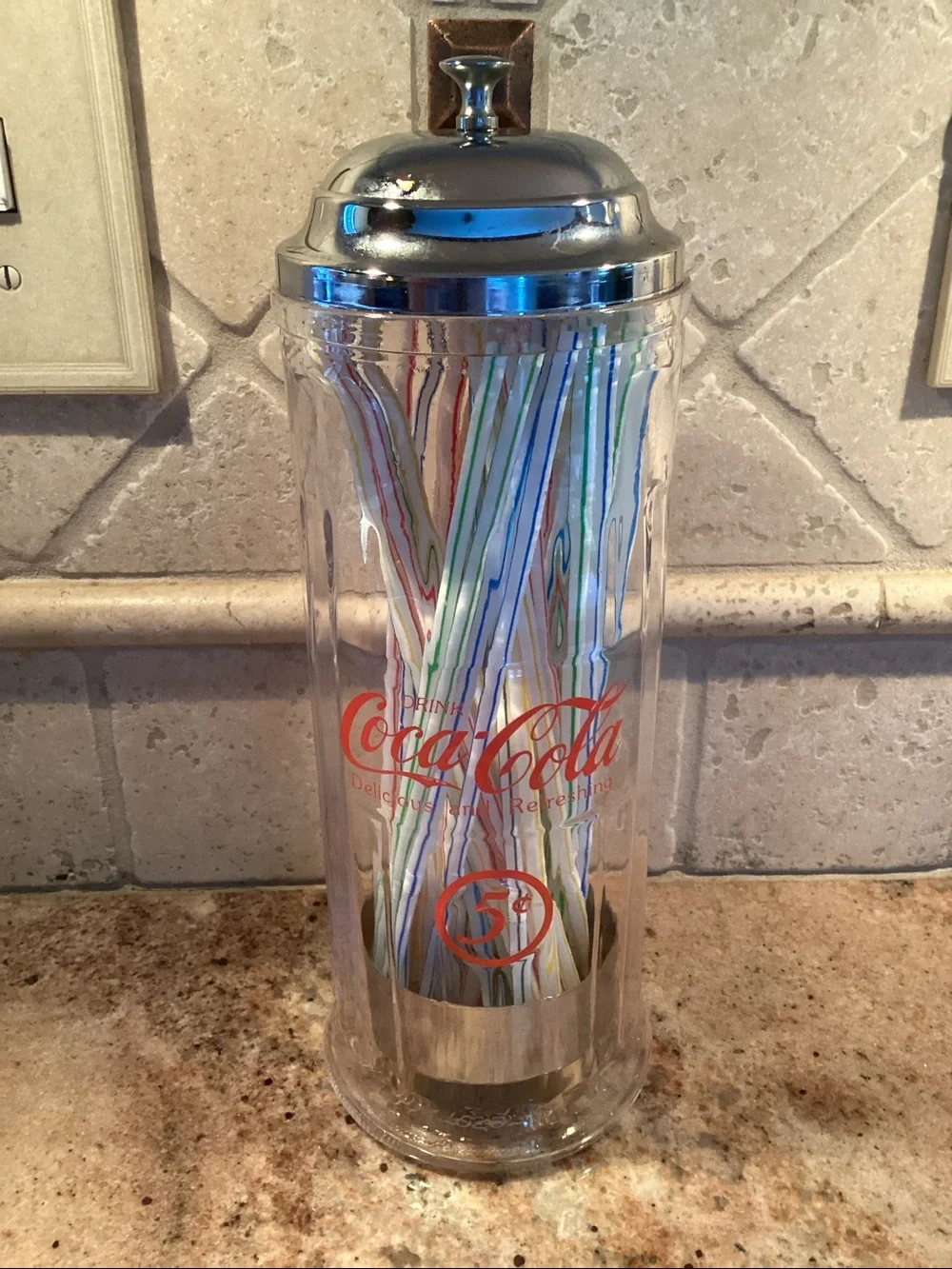 Vintage Coca-Cola 5 cents Glass Straw Dispenser